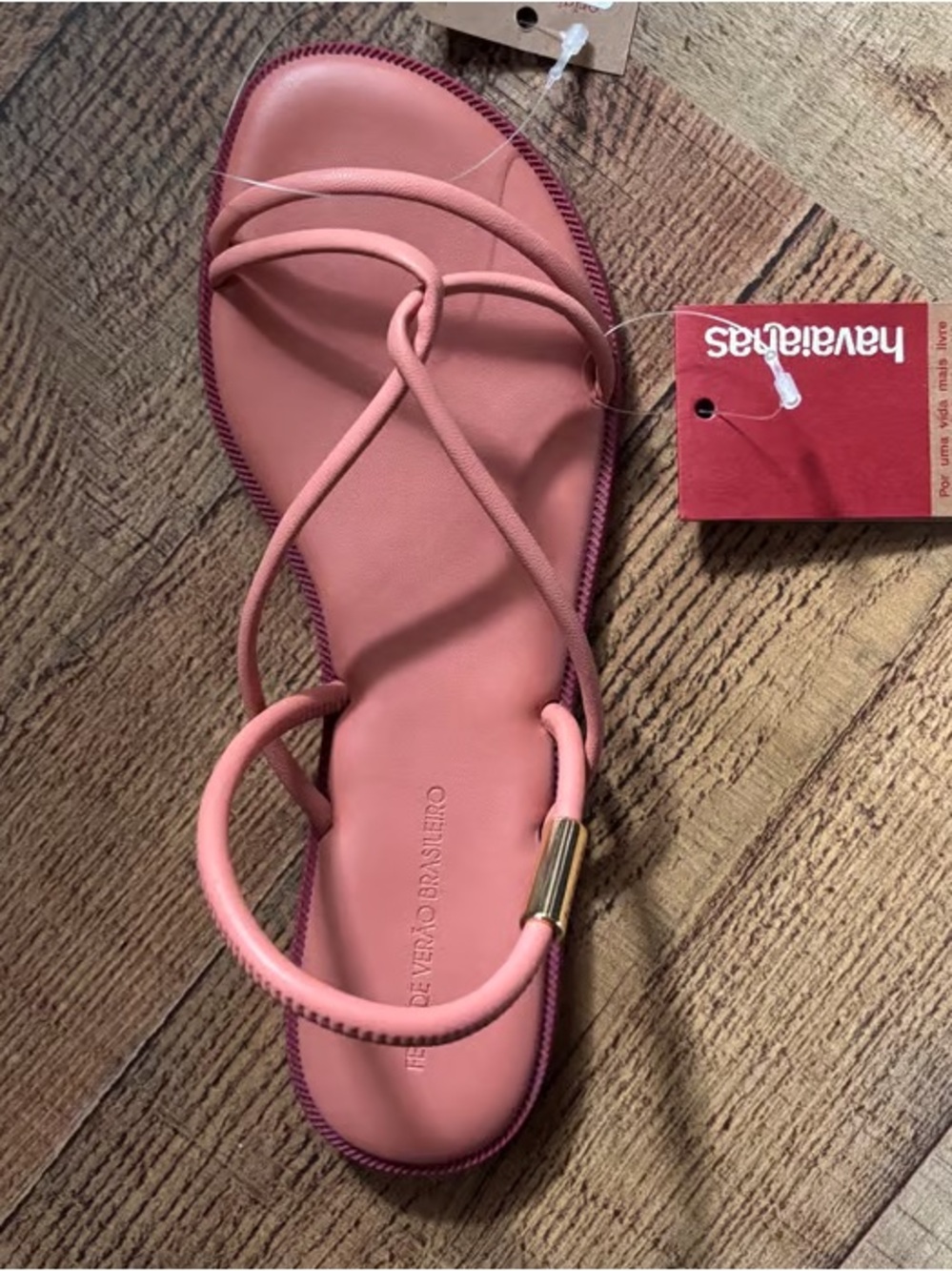 Time and Tru Pink Strappy Knot Detail Flat Sandal with Gold Accent